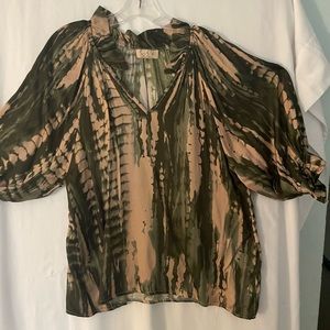 Sophia Ruffle Collar Olive & Latte Color Print Shirt